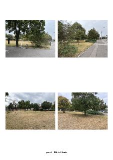 Čtyři fotografie zachycující pozemek parc. č. 1056 v katastrálním území Nusle. Fotografie ukazují travnatou plochu se stromy, keři a přilehlými chodníky.