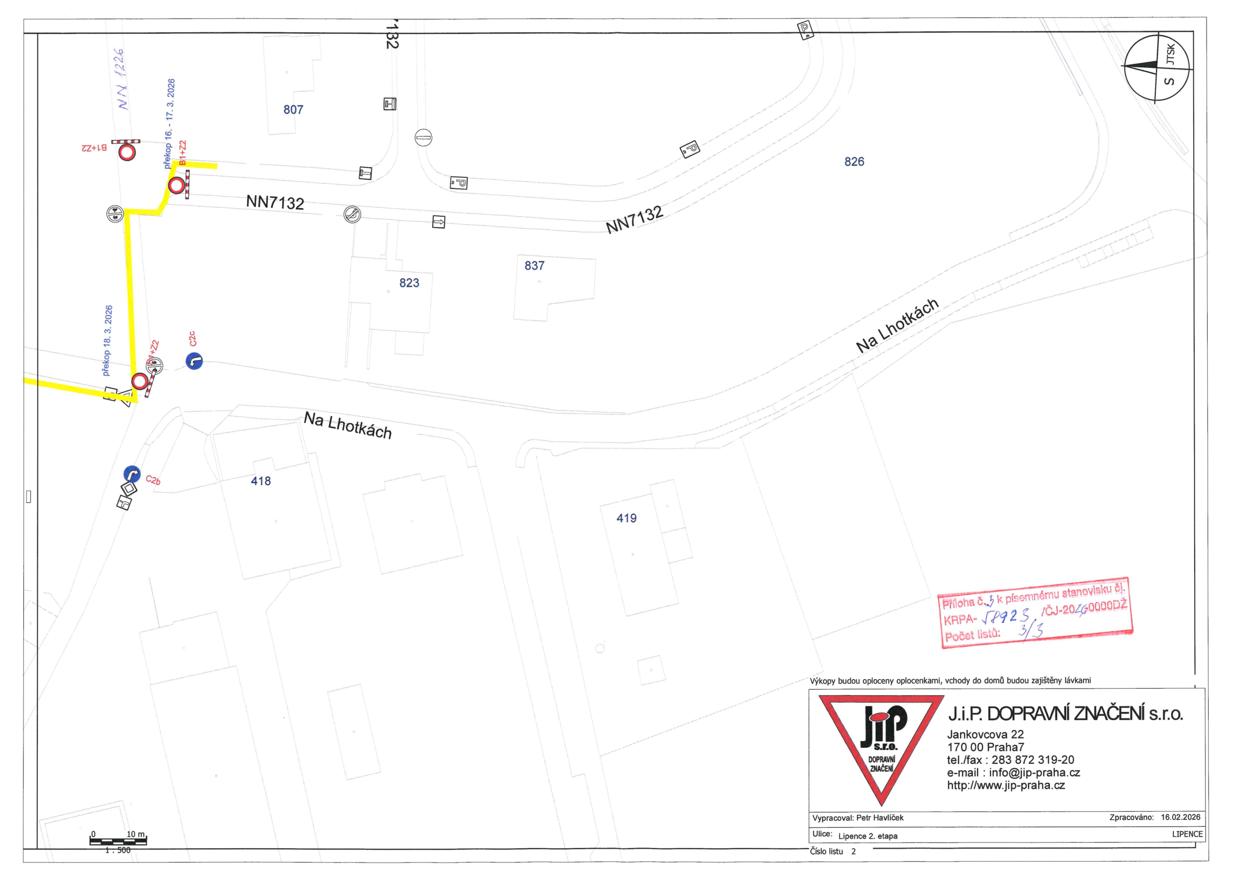Situační nákres dopravního značení a uzavírky v lokalitě Lipence.