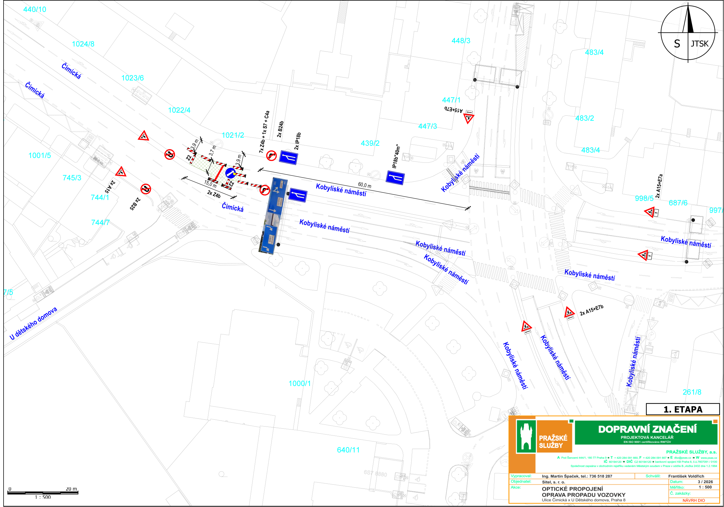 Situační nákres dopravního značení pro opravu propadu vozovky v ulici Čimická a Kobyliské náměstí.