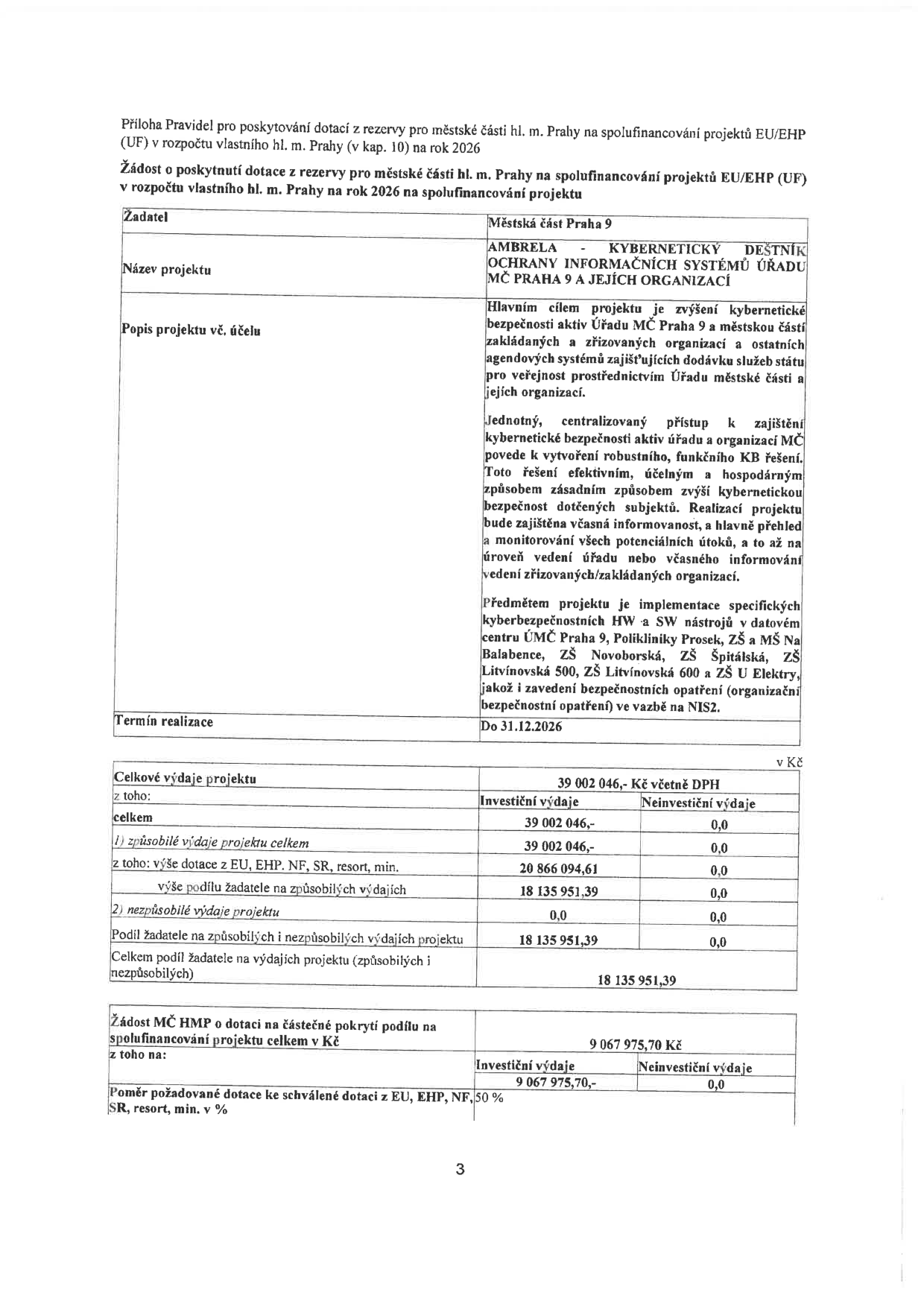 Žádost o poskytnutí dotace z rezervy pro městské části hl. m. Prahy na spolufinancování projektu EU/EHP v roce 2026. Žadatel: Městská část Praha 9. Název projektu: AMBRELA - KYBERNETICKÝ DEŠTNÍK OCHRANY INFORMAČNÍCH SYSTÉMŮ ÚŘADU MČ PRAHA 9 A JEJÍCH ORGANIZACÍ. Popis projektu: Zvýšení kybernetické bezpečnosti aktiv Úřadu MČ Praha 9 a městskou částí zakládaných a zřizovaných organizací. Implementace HW a SW nástrojů v datovém centru ÚMČ Praha 9, Polikliniky Prosek, ZŠ a MŠ Na Balabence, ZŠ Novoborská, ZŠ Špitálská, ZŠ Litvínovská 500, ZŠ Litvínovská 600 a ZŠ U Elektry. Termín realizace: do 31.12.2026. Celkové výdaje projektu: 39 002 046 Kč (investiční). Z toho: dotace z EU, EHP, NF, SR: 20 866 094,61 Kč; podíl žadatele na způsobilých výdajích: 18 135 951,39 Kč. Žádost MČ HMP o dotaci na částečné pokrytí podílu: 9 067 975,70 Kč.