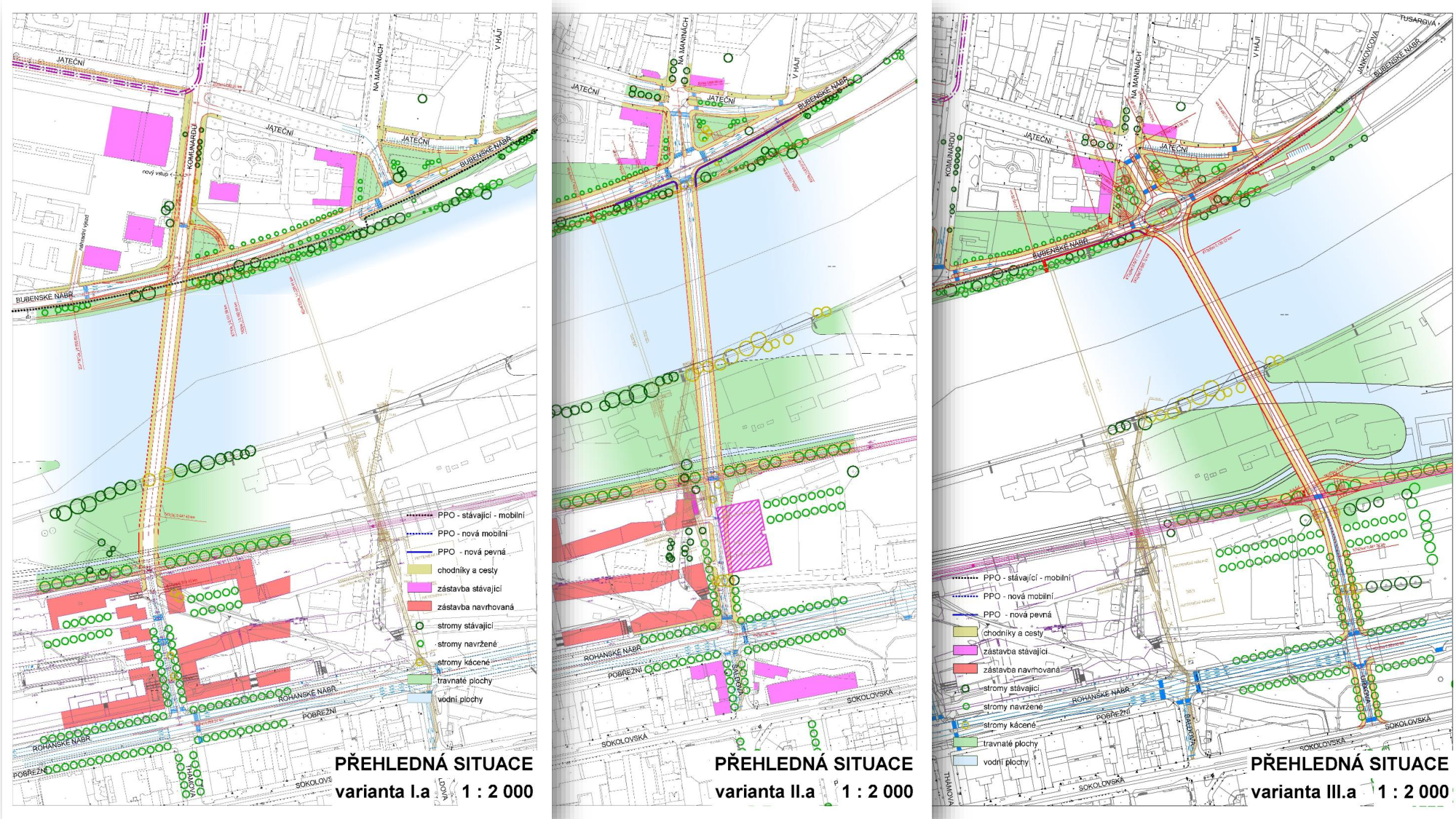 Srovnávací situační plány tří variant projektu (I.a, II.a, III.a) v měřítku 1:2000. Obsahuje legendu: PPO - stávající mobilní, PPO - nová mobilní, PPO - nová pevná, chodníky a cesty, zástavba stávající, zástavba navrhovaná, stromy stávající, stromy navržené, stromy kácené, travnaté plochy, vodní plochy. Zobrazené lokality zahrnují ulice Jateční, Bubenské nábřeží, Rohanské nábřeží, Pobřežní a Sokolovská.