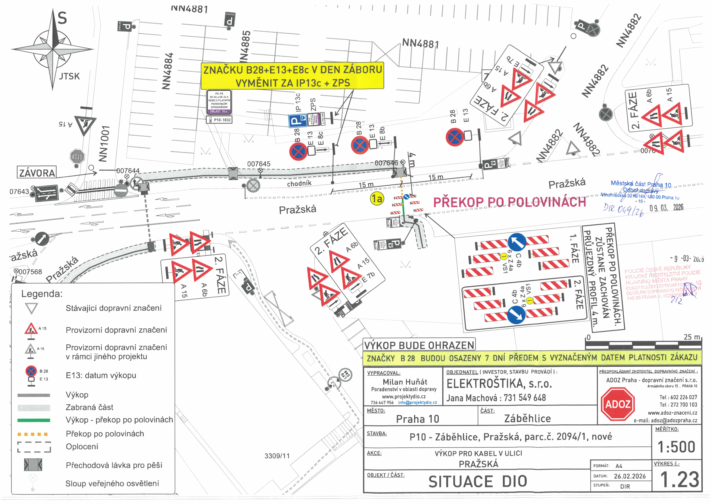 Dopravně-inženýrské opatření (DIO) znázorňující situaci uzavírky a výkopových prací na ulici Pražská.