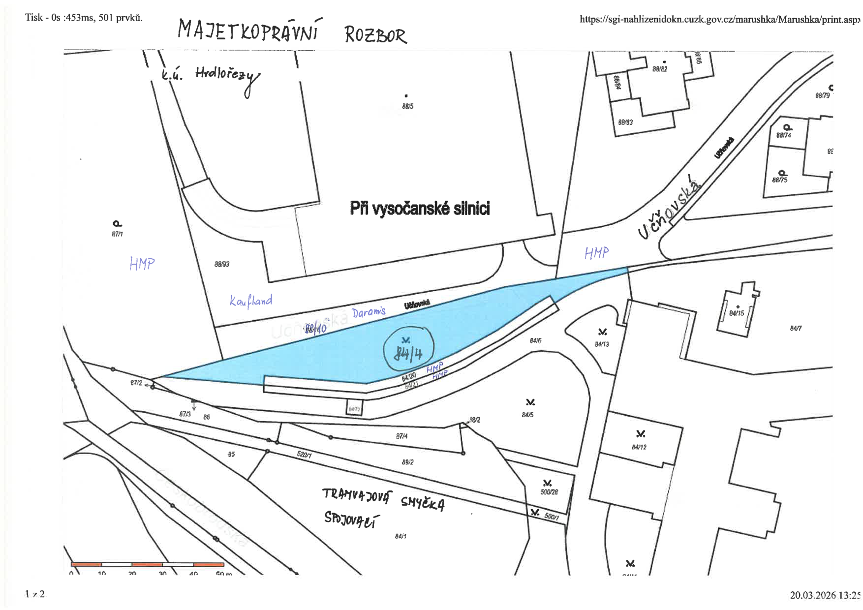 Majetkoprávní rozbor, katastrální mapa, k.ú. Hrdlořezy. Mapa zobrazuje pozemky v okolí ulice Učňovská a tramvajové smyčky Spojovací. Zvýrazněn je pozemek parc. č. 814/4. Další identifikované parcely: 871, 8893, 88/5, 88/84, 88/83, 88/82, 88/74, 88/75, 872, 873, 86, 85, 520/1, 84/2, 84/20, 84/21, 84/14, 84/15, 84/7, 84/13, 84/5, 84/12, 500/28, 84/1. V mapě je vyznačen objekt Kaufland a tramvajová smyčka Spojovací. Datum tisku: 20.03.2026 13:25.