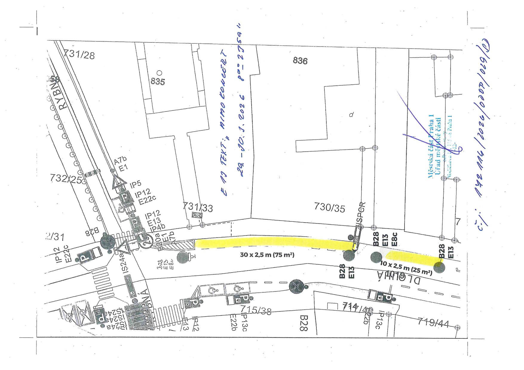 Situační nákres dopravního značení pro vyhrazené parkování na komunikaci.