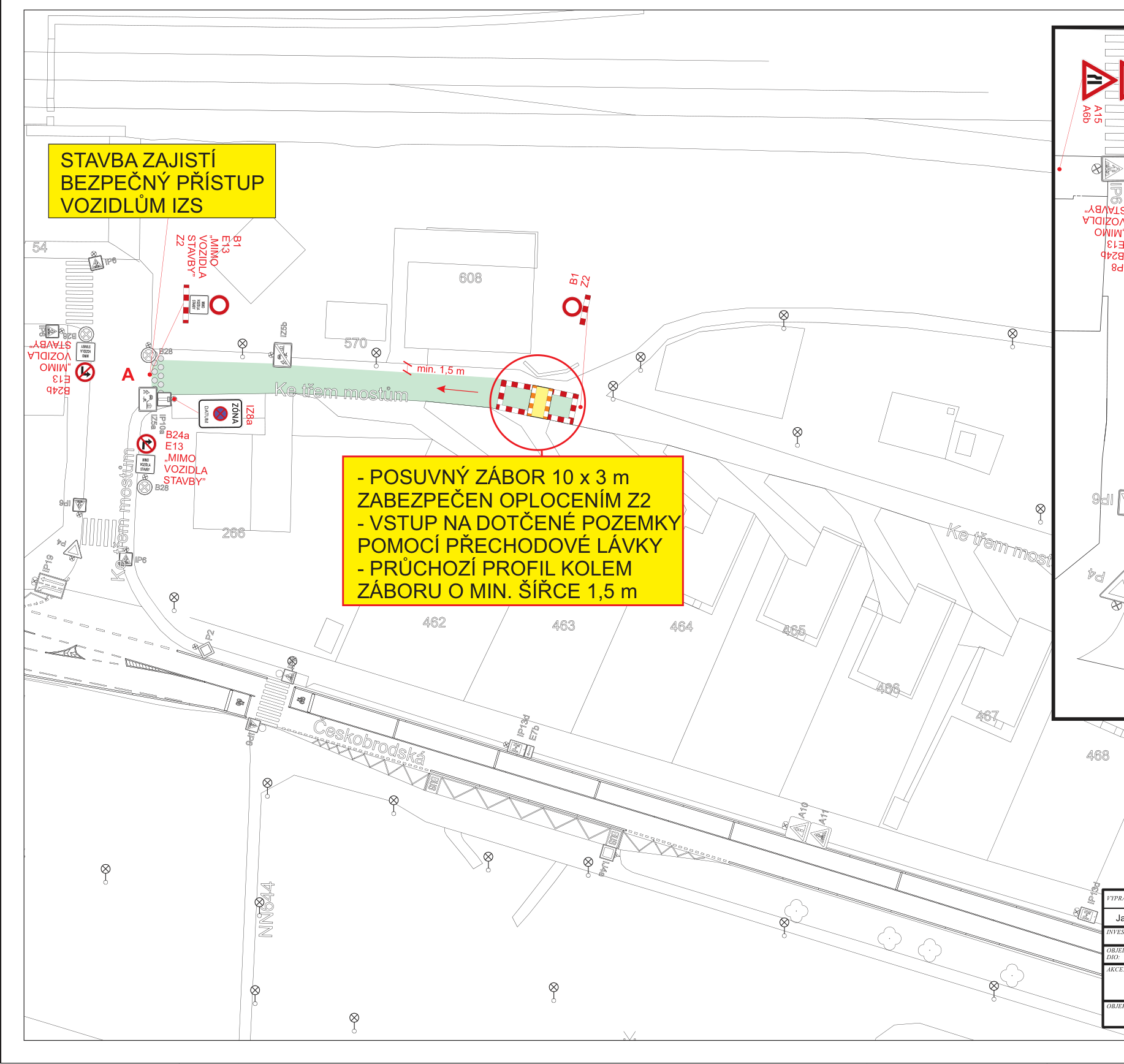 Koordinační situační výkres stavby s vyznačeným záborem a dopravním značením.