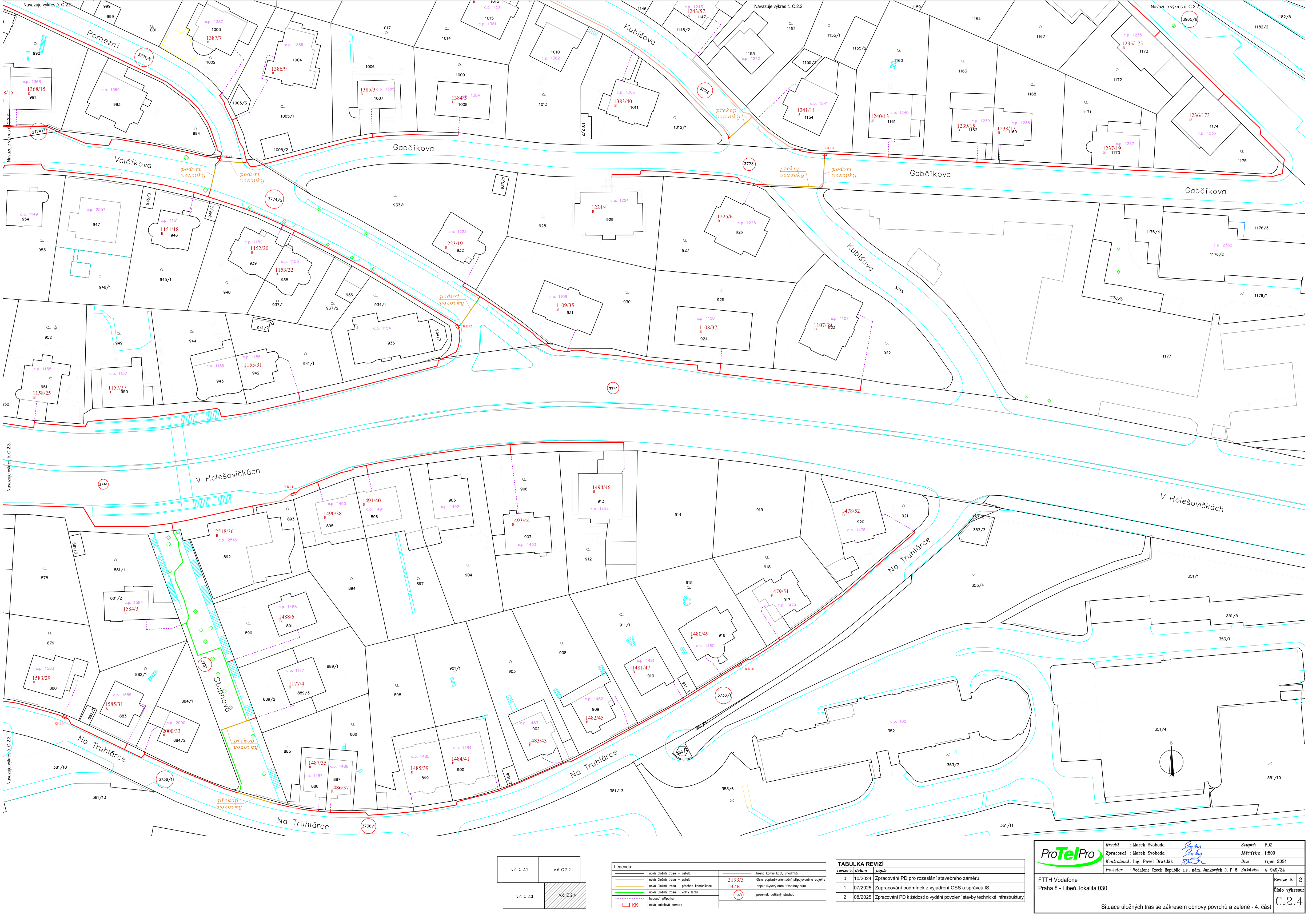 Situační výkres inženýrských sítí (FTTH Vodafone) pro lokalitu Praha 8 - Libeň. Dokument obsahuje katastrální mapu s vyznačením tras (červené a zelené linie) v ulicích Pomezní, Kubišova, Gabčíkova, V Holešovičkách, Na Truhlářce a Stupňová. V pravém dolním rohu je tabulka revizí: 0 (10/2024) Zpracování PD pro rozeslání stavebního záměru, 1 (07/2025) Zpracování podmínek z vyjádření OSS a správců IS, 2 (08/2025) Zpracování PD k žádosti o vydání povolení stavby technické infrastruktury. Zpracovatel: Marek Svoboda, investor: Vodafone Czech Republic a.s., datum: říjen 2024, měřítko 1:500, číslo výkresu C.2.4.