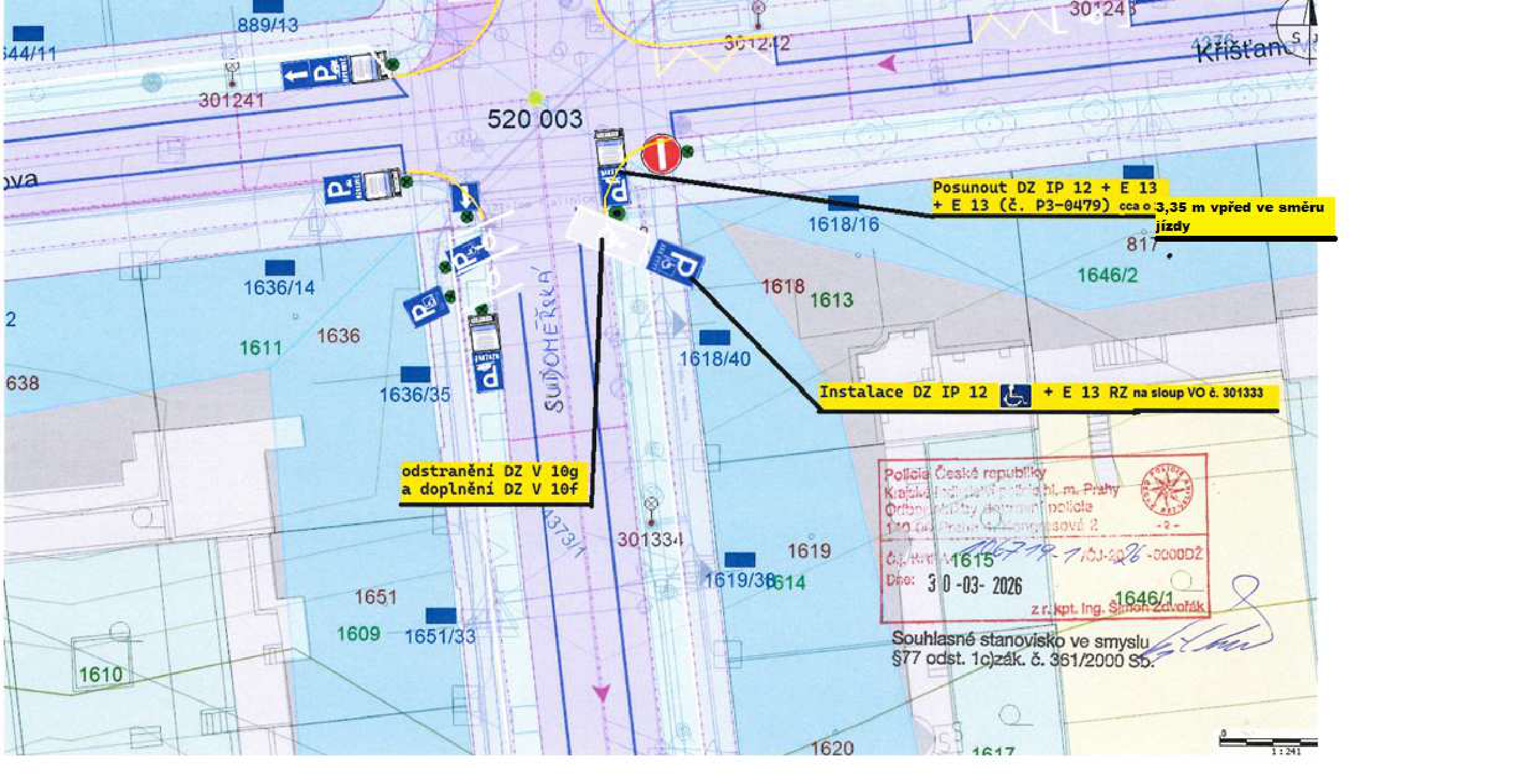 Situační nákres dopravního značení v ulici Sudoměřská s vyznačenými změnami a úpravami.