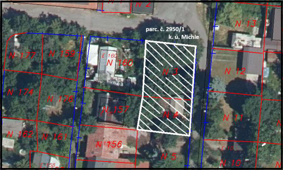 Katastrální mapa s vyznačenou parcelou č. 2950/1 v k.ú. Michle.