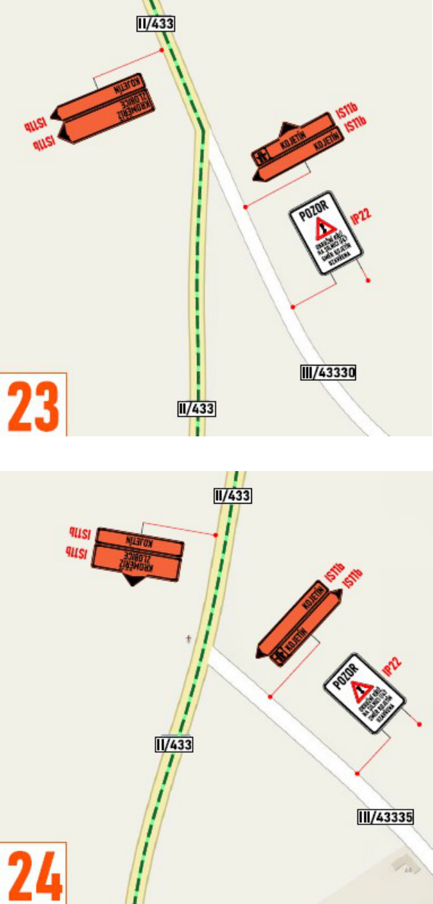 Situační nákres dopravního značení na silnici II/433. Obrázek 23: Značení směru na Kojetín a Kroměříž, varovná značka IP22 'POZOR - OKRUŽNÍ KŘIŽOVATKA NA SILNICI II/433 SMĚR KOJETÍN UZAVŘENA' u silnice III/43330. Obrázek 24: Obdobné značení směru na Kojetín a Kroměříž, varovná značka IP22 'POZOR - OKRUŽNÍ KŘIŽOVATKA NA SILNICI II/433 SMĚR KOJETÍN UZAVŘENA' u silnice III/43335.