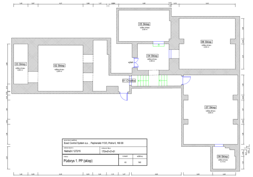 Půdorys 1. PP (sklep) objektu na adrese Nádražní 1272/15. Dokument obsahuje technický nákres sklepních prostor s označením místností: 01 Chodba, 02 Sklep (výška stropu 2,95 m), 03 Sklep (výška stropu 2,95 m), 04 Sklep (výška stropu 2,93 m), 05 Sklep (výška stropu 2,62 m), 06 Sklep (výška stropu 2,55 m), 07 Sklep (výška stropu 3,65 m), 08 Sklep (výška stropu 3,13 m). Zpracovatel: Exact Control System a.s., Papírenská 113/3, Praha 6, 160 00. Pořadové číslo: 1704-01-01-01. Formát: A3, měřítko: 1:60.