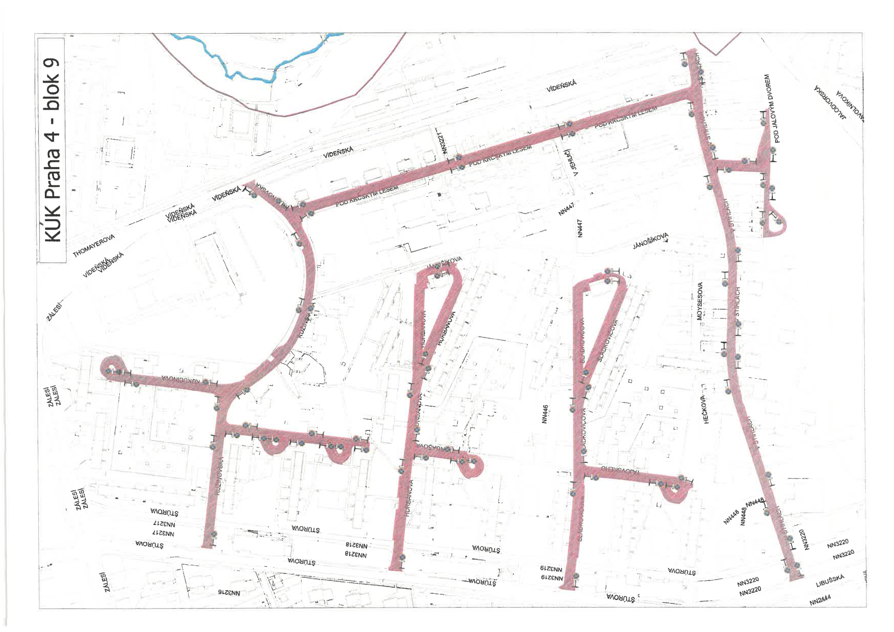 Situační nákres inženýrských sítí nebo plánu údržby komunikací v oblasti Praha 4 - blok 9.