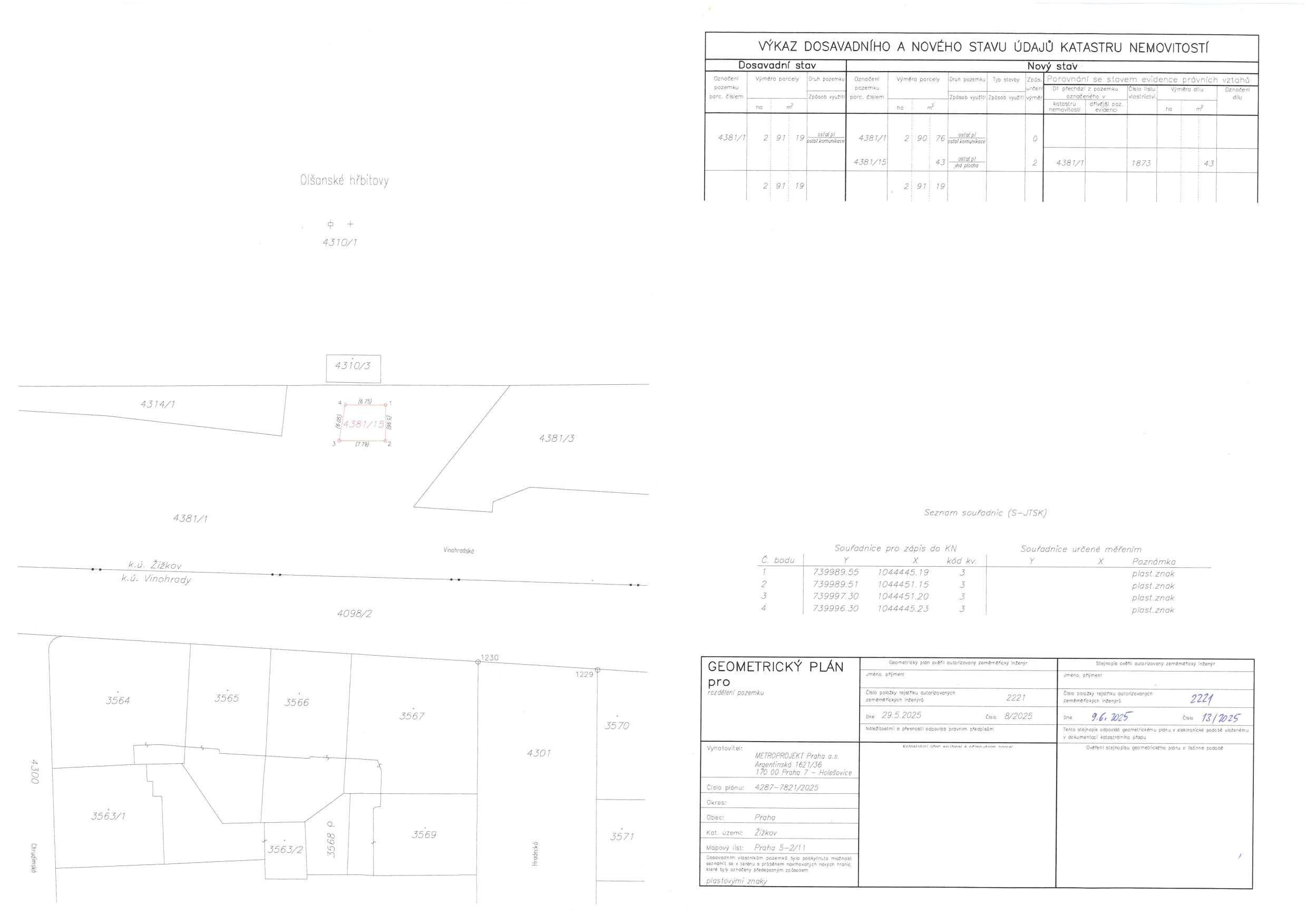 Geometrický plán pro rozdělení pozemku v k.ú. Žižkov.