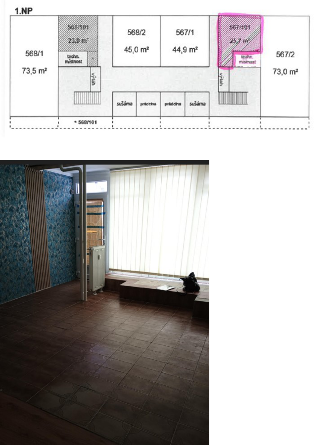 Schéma půdorysu 1.NP (prvního nadzemního podlaží) s rozdělením prostorů a jejich výměrami v m². Zobrazené jednotky: 568/1 (73,5 m²), 568/101 (23,9 m² s technickou místností), 568/2 (45,0 m²), 567/1 (44,9 m²), 567/101 (25,7 m² s technickou místností) a 567/2 (73,0 m²). Dále jsou vyznačeny společné prostory: výtah, sušárny a prádelny. Součástí je fotografie interiéru jedné z místností s dlažbou, modrou tapetou a vertikálními žaluziemi.