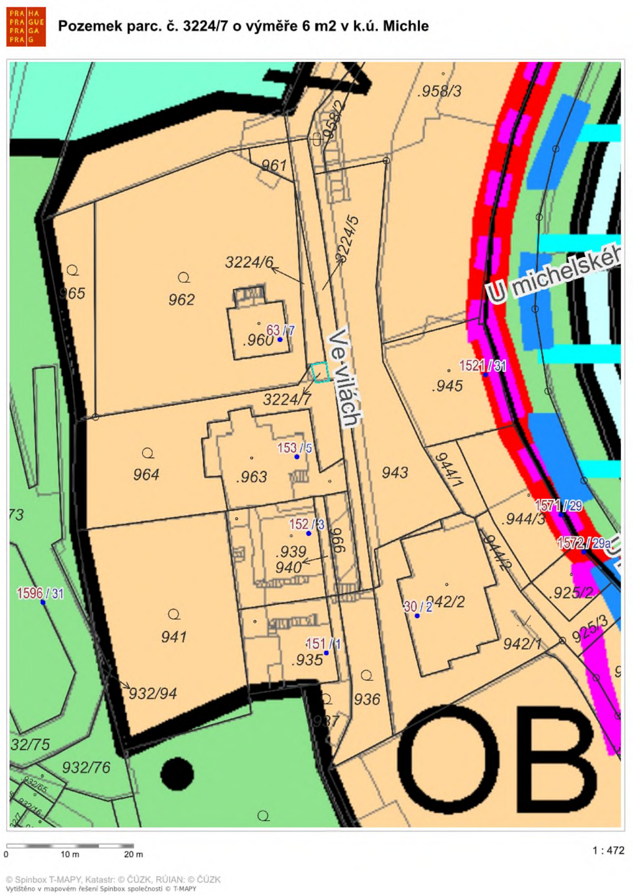 Katastrální mapa zobrazující pozemek parc. č. 3224/7 o výměře 6 m2 v k.ú. Michle. Mapa obsahuje čísla parcel (např. 965, 962, 960, 3224/6, 3224/5, 945, 943, 944/1, 944/2, 942/2, 941, 936, 935, 932/94, 932/75, 932/76, 925/2, 925/3, 1521/31, 1571/29, 1572/29a), orientační čísla budov (63/7, 153/5, 152/3, 151/1, 30/2), název ulice 'Ve vilách' a 'U michelské', měřítko 1:472 a informaci o zdroji dat (Spinbox T-MAPY, ČÚZK, RÚIAN).