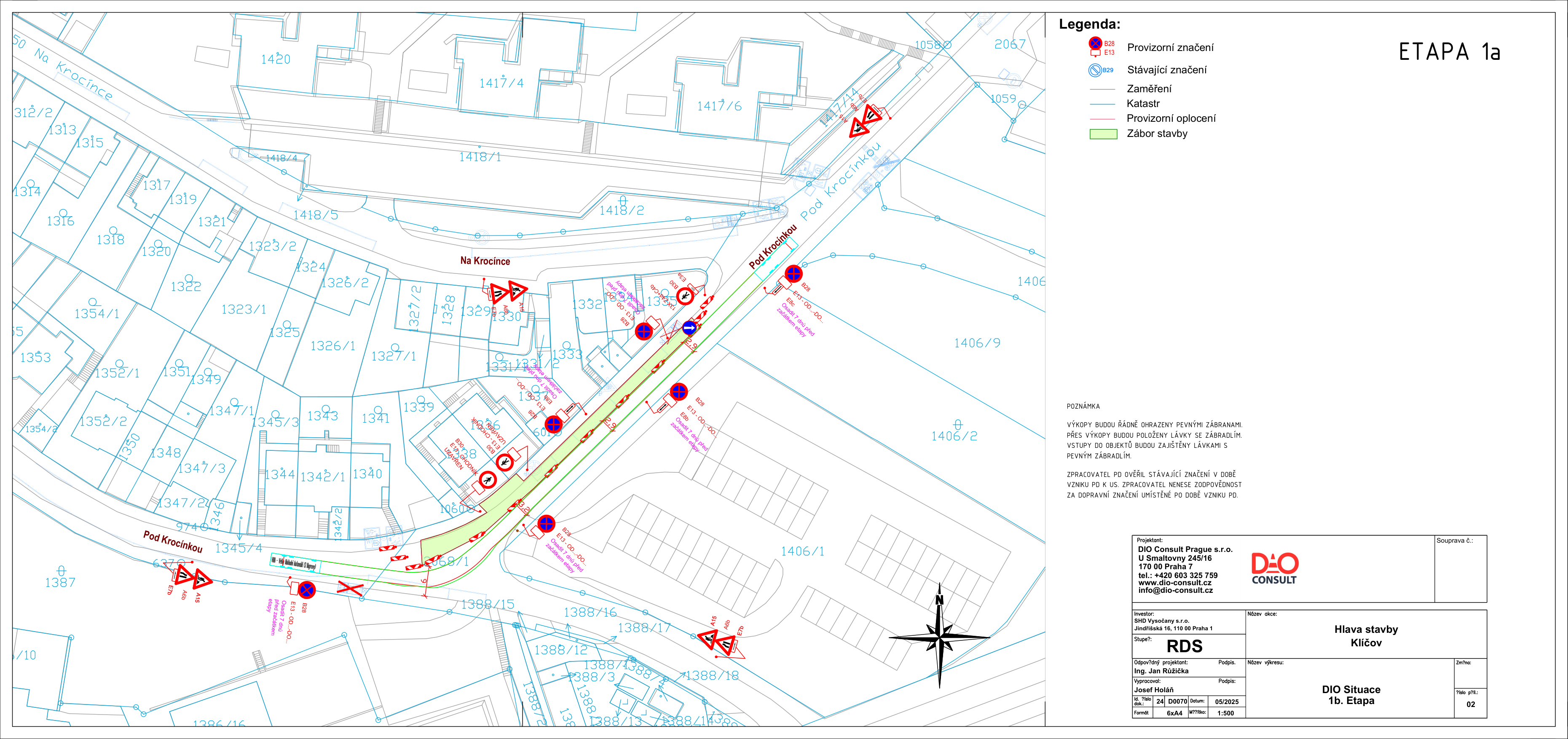 Dopravně inženýrské opatření (DIO) - situační nákres dopravního značení pro etapu 1a stavby na ulici Pod Krocínkou.