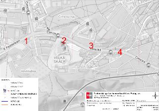 Situační nákres úpravy dopravního značení (DZ) na ulici Čimická v Praze. Mapa obsahuje čtyři vyznačené úseky (1-4). LEGENDA: STÁVAJÍCÍ VDZ, STÁVAJÍCÍ SDZ, NOVÉ…