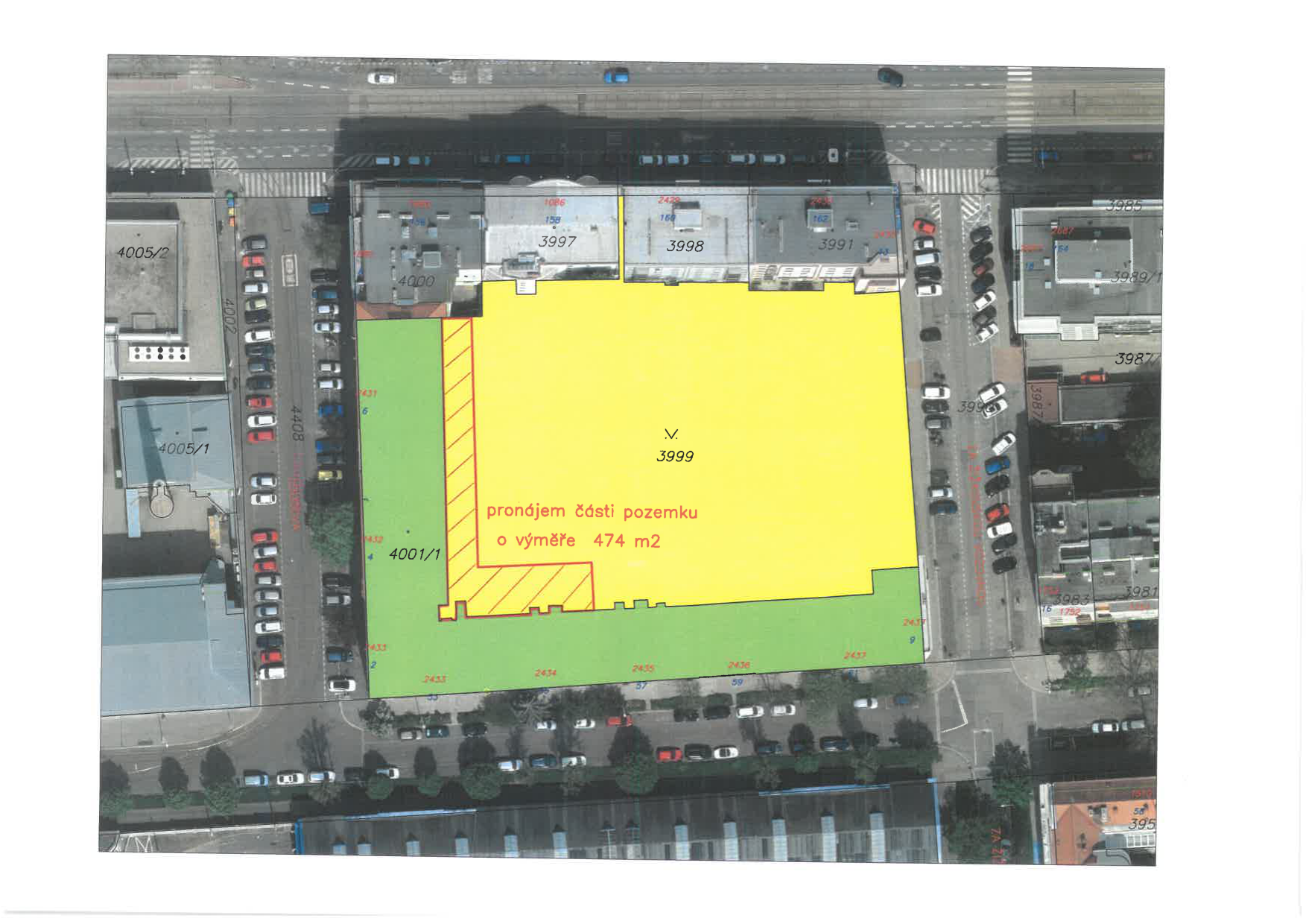 Situační nákres (ortofotomapa) s vyznačením pozemků a pronajímané plochy. Vyznačené parcely: 4005/2, 4000, 3997, 3998, 3999, 4001/1, 4005/1, 4408, 3987, 3989/1, 3985, 3983, 395. Text v mapě: 'pronájem části pozemku o výměře 474 m2'. Vyznačena je žlutě vybarvená plocha s šrafovaným úsekem.