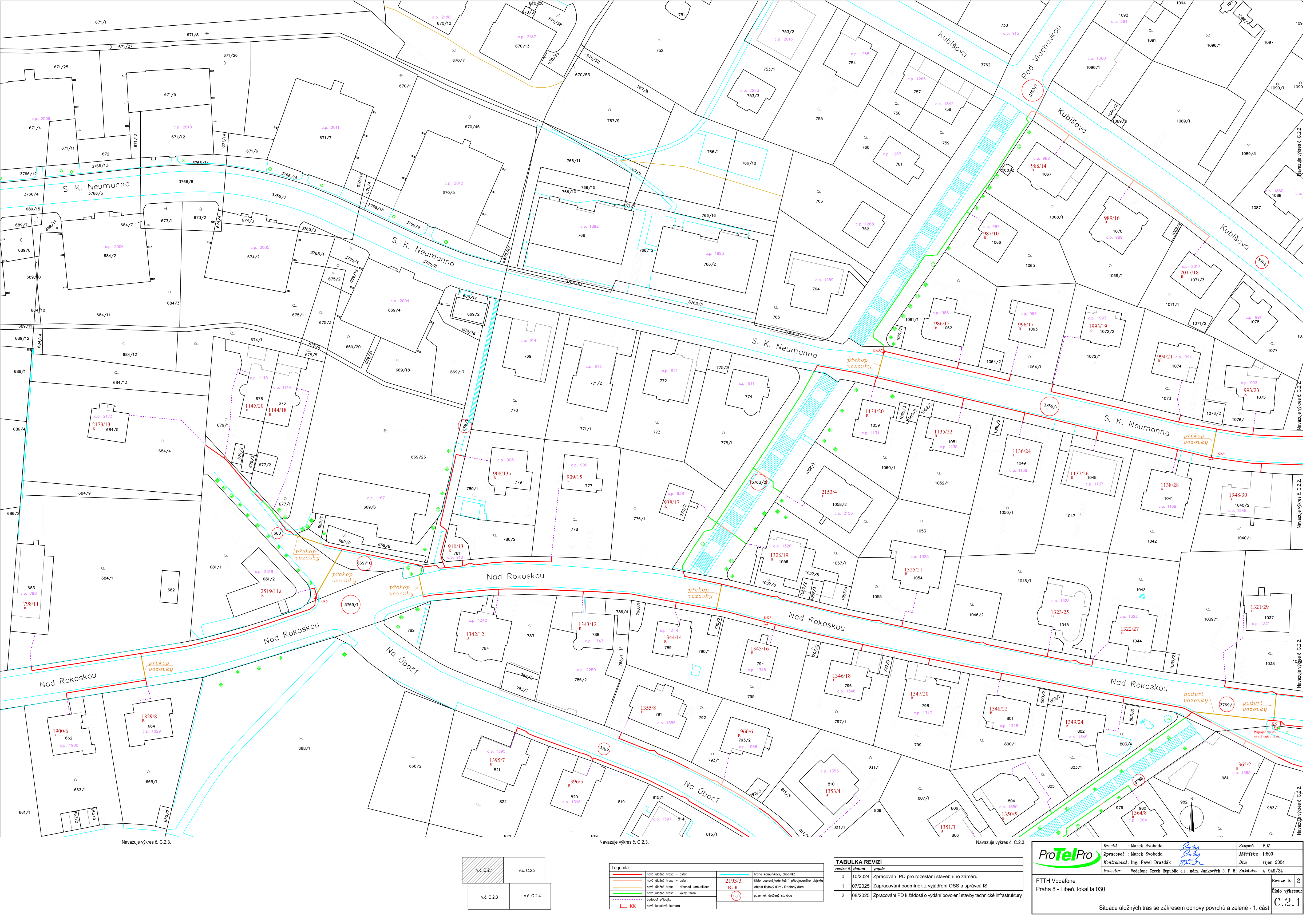 Situační výkres inženýrských sítí (FTTH Vodafone) pro lokalitu Praha 8 - Libeň, lokalita 030. Výkres obsahuje katastrální mapu s vyznačenými trasami optických kabelů, čísly parcel a ulicemi (S. K. Neumanna, Nad Rokoskou, Na Úbočí, Kubišova). V pravém dolním rohu je tabulka revizí: 1. 10/2024 Zpracování PD pro rozeslání stavebního záměru, 2. 07/2025 Zpracování podmínek z vyjádření OSS a správců IS, 3. 08/2025 Zpracování PD k žádosti o vydání povolení stavby technické infrastruktury. Dokument nese označení C.2.1, měřítko 1:500, datum říjen 2024, zpracovatel ProTelPro.