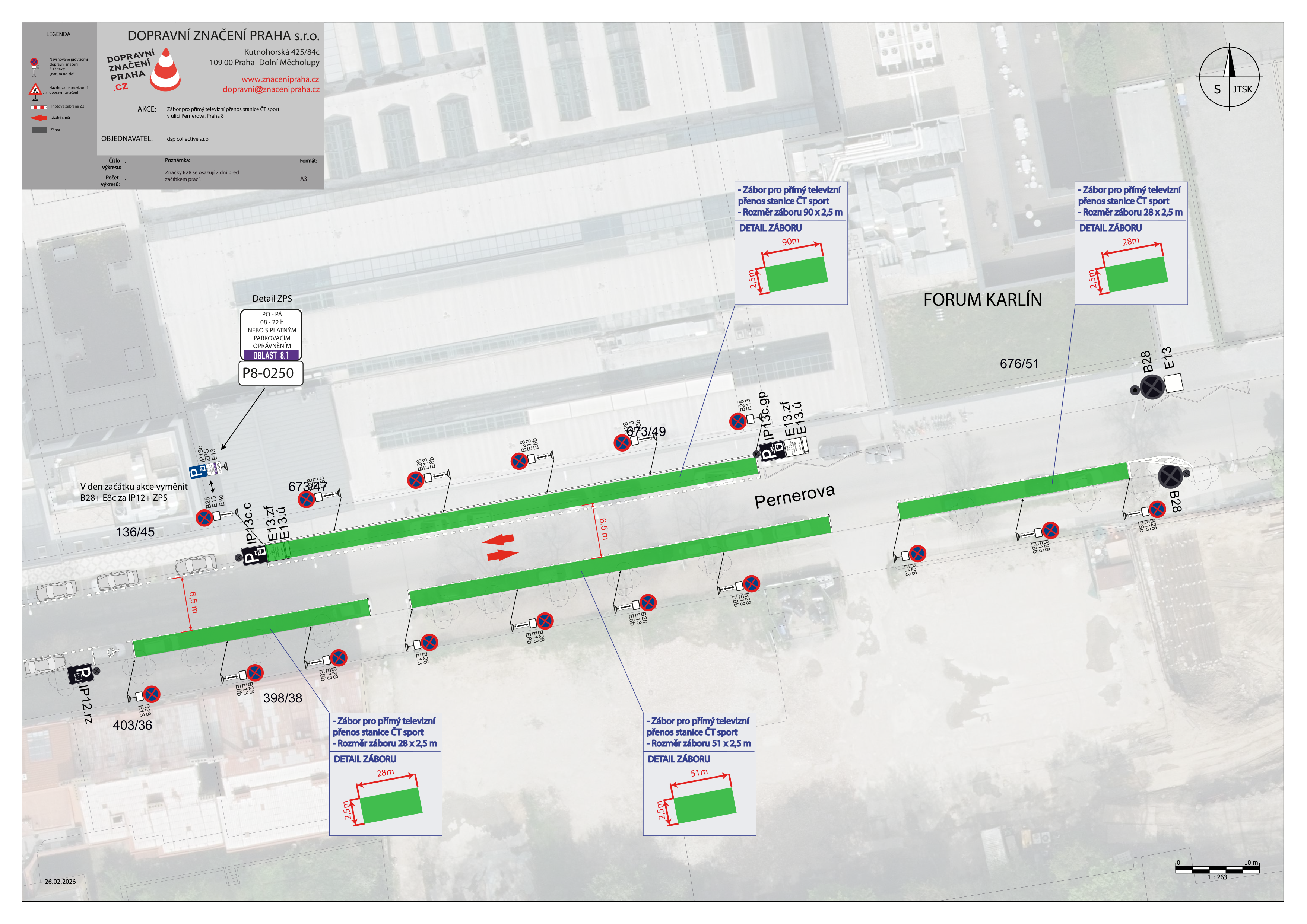 Situační nákres dopravního značení a záborů veřejného prostranství v ulici Pernerova v Praze.
