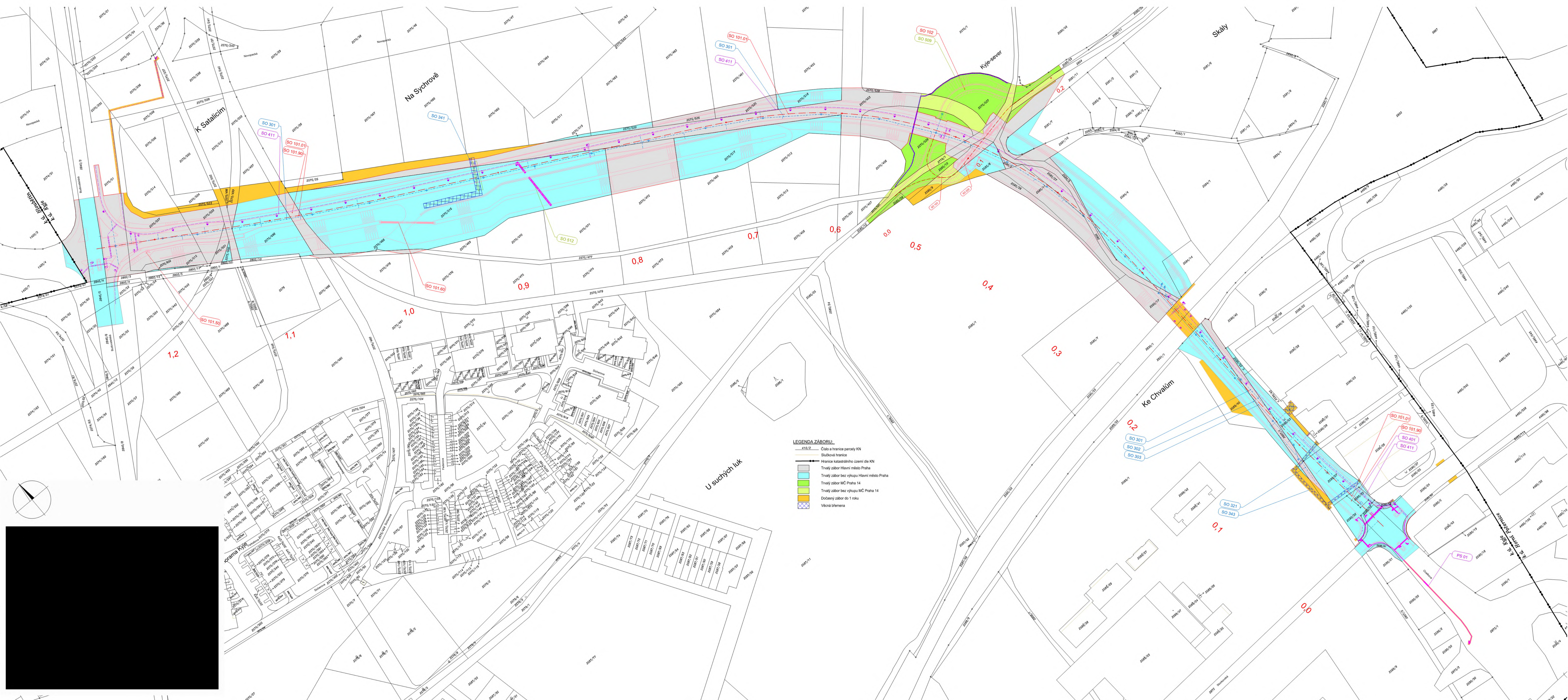 Situační plán stavby silniční infrastruktury. Obsahuje katastrální mapový podklad s vyznačenou trasou komunikace, křižovatkami a stavebními objekty (označeny kódy SO). V mapě jsou uvedeny názvy ulic: 'Na Sychrově', 'Ke Chvalům', 'K Satalicím'. Legenda obsahuje rozlišení barev pro jednotlivé investory: Trvalý zábor Hlavní město Praha (modrá), Trvalý zábor bez úkupu Hlavní město Praha (oranžová), Trvalý zábor MČ Praha 14 (zelená), Trvalý zábor bez úkupu MČ Praha 14 (žlutá), Dočasný zábor do 1 roku (šrafování). V mapě jsou vyznačeny staniční body (0,0 až 1,2).