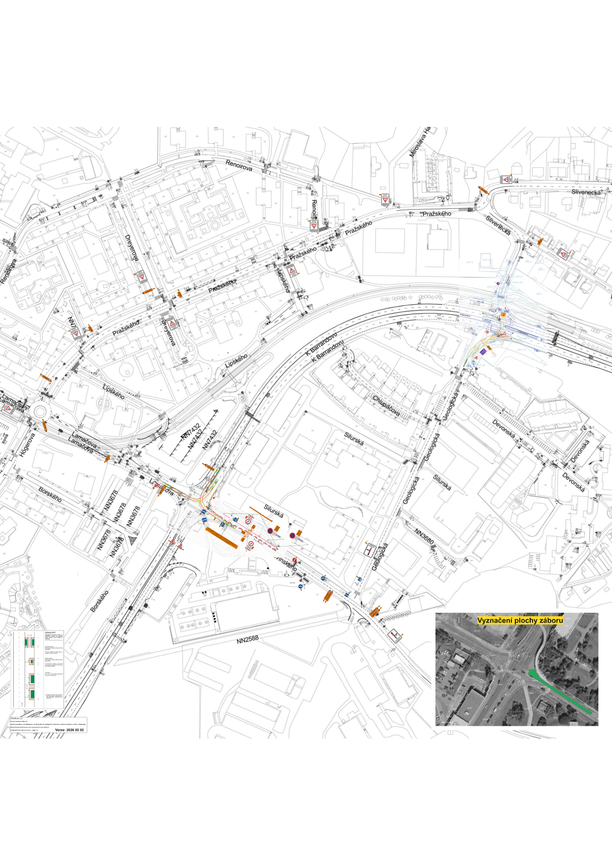 Koordinační situační výkres dopravního značení a záboru komunikací v oblasti pražského Barrandova.