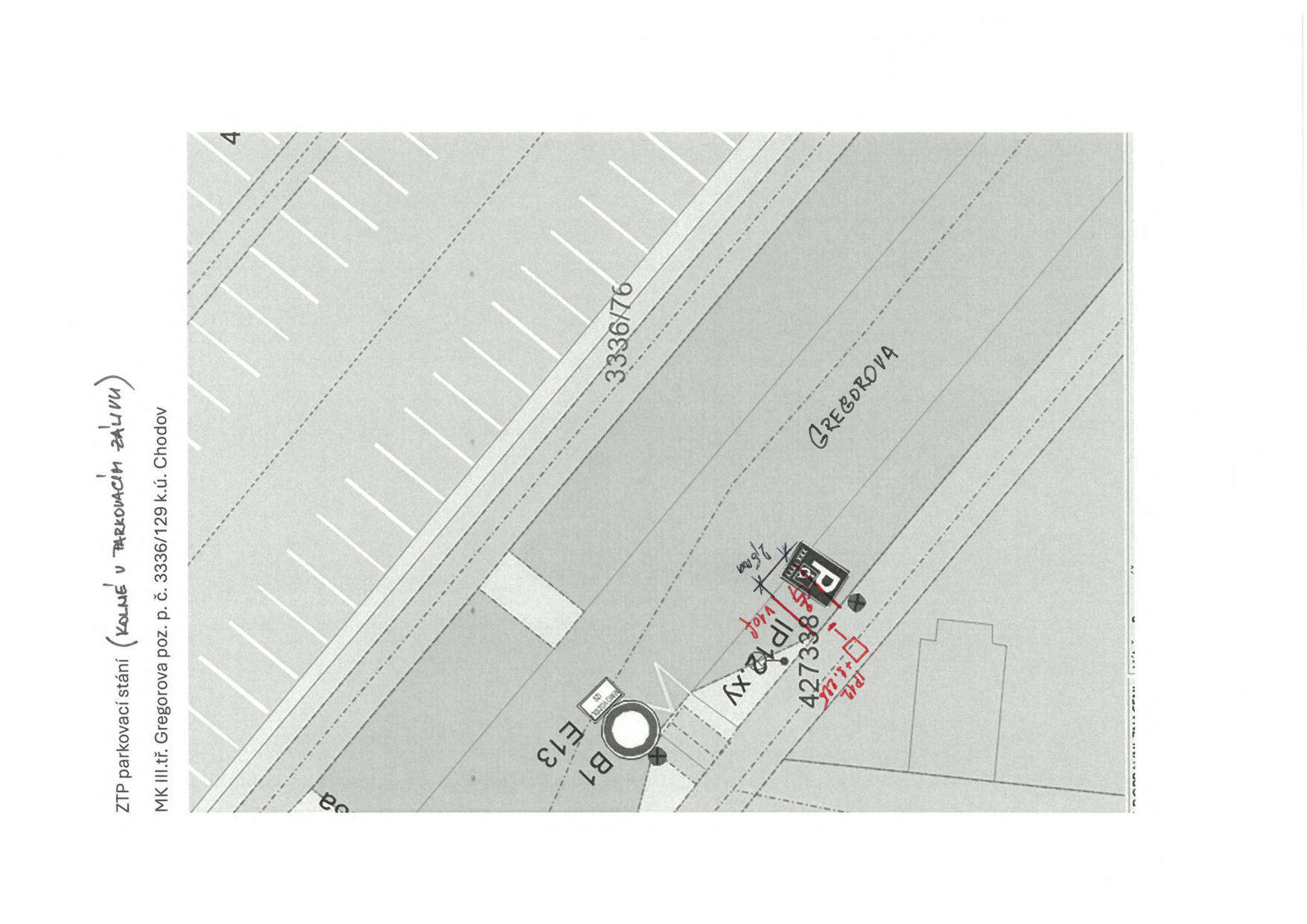 Situační nákres umístění ZTP parkovacího stání na ulici Gregorova v k.ú. Chodov.