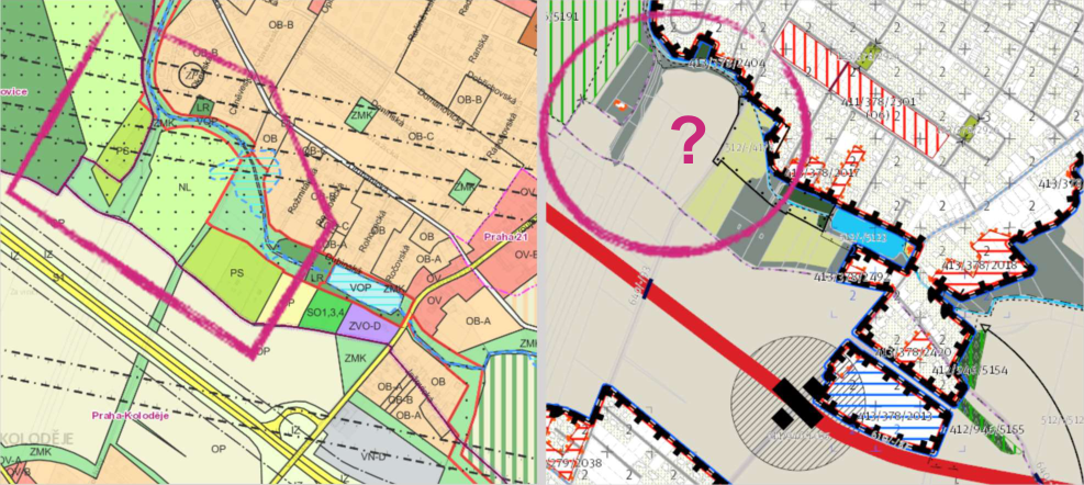 Výřez z územního plánu (vlevo) a katastrální mapa (vpravo) s vyznačeným zájmovým územím.