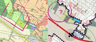 Výřez z územního plánu (vlevo) a katastrální mapa (vpravo) s vyznačeným zájmovým územím.
