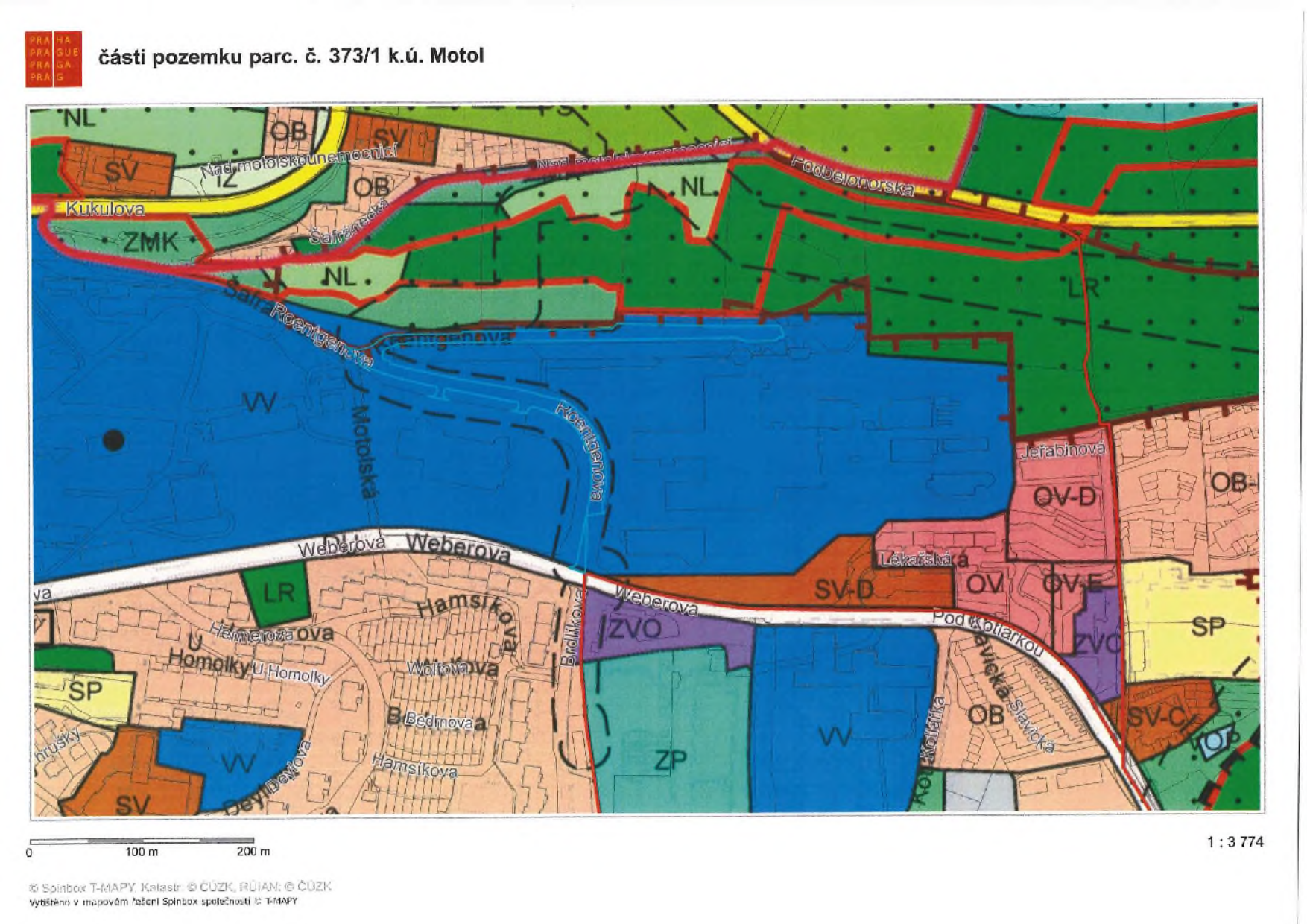 Územní plán/mapa části pozemku parc. č. 373/1 v k.ú. Motol. Mapa obsahuje názvy ulic a lokalit: Kukulova, Roentgenova, Motolská, Weberova, Hamsíkova, Pod Homolky, Pod Kotlářkou, Nad Motolskou nemocnicí, Podbělohorská, Jeřabinová, Lékářská. V mapě jsou vyznačeny funkční plochy s označením: NL, SV, OB, ZMK, LR, SP, W, ZVO, ZP, OV, OV-D, SV-D, SV-C. V rohu je uvedeno měřítko 1:3 774 a informace o zdroji: Spinbox T-MAPY, ČÚZK, RÚIAN.