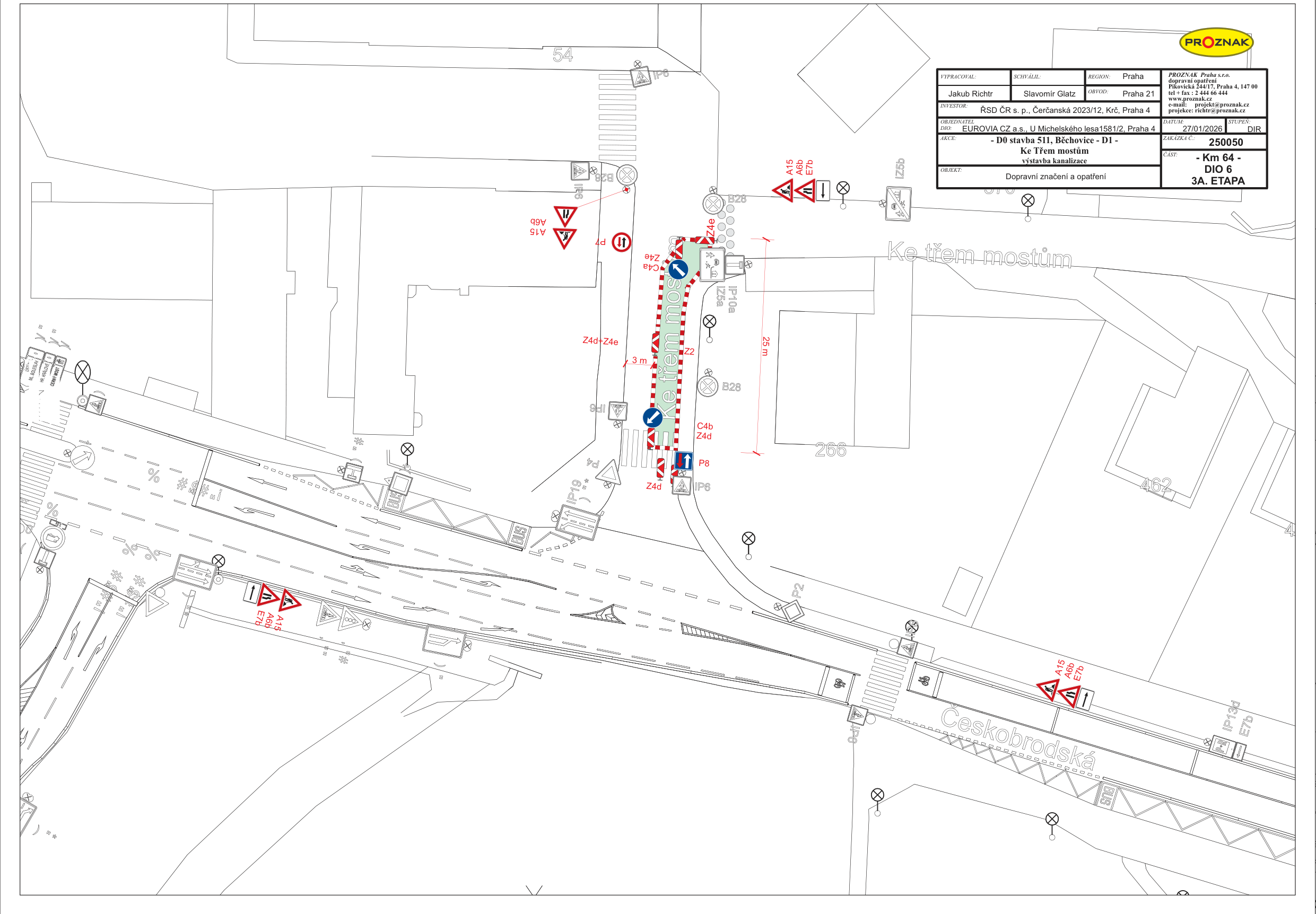 Koordinační situace dopravního značení a opatření pro stavbu kanalizace (DIO 6, 3. etapa) v ulici Ke Třem mostům a Českobrodská.
