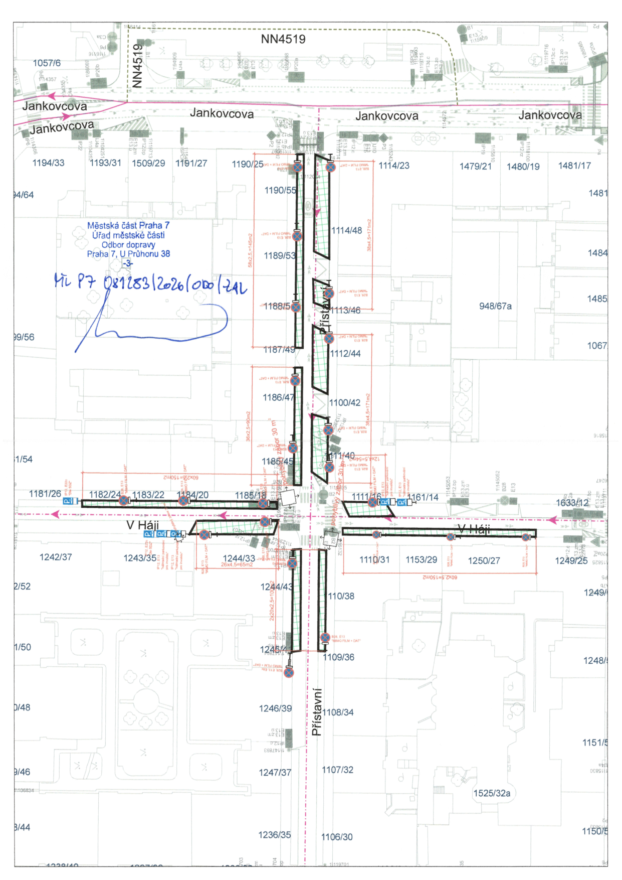Koordinační situační výkres dopravního značení a záborů v ulicích Jankovcova a Přístavní v Praze 7.