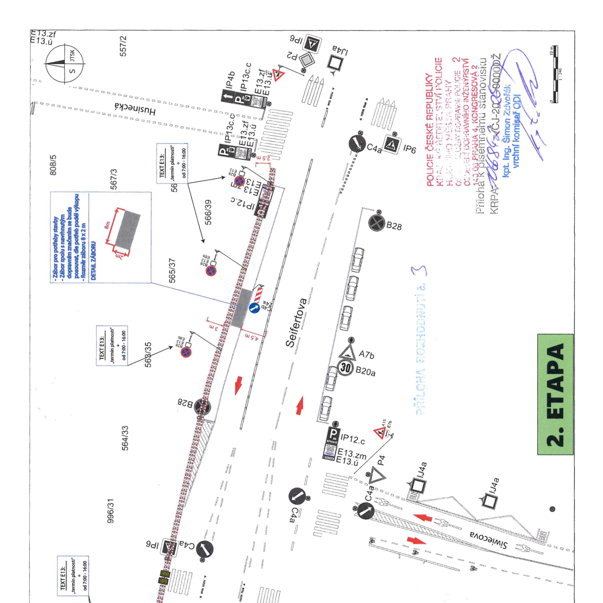Situační nákres dopravního značení a záboru komunikace pro 2. etapu stavby.