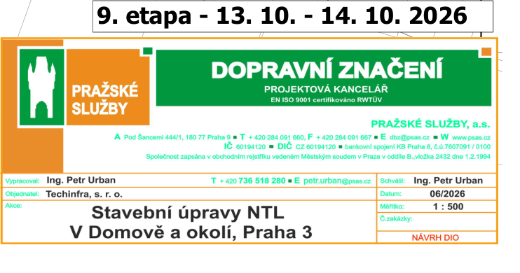 Oznámení o 9. etapě stavebních prací v termínu 13. 10. – 14. 10. 2026. Projekt: Stavební úpravy NTL V Domově a okolí, Praha 3. Zpracovatel: Pražské služby, a.s., projektová kancelář, Pod Šancemi 444/1, 180 77 Praha 9, tel: +420 284 091 660, e-mail: dbz@psas.cz, web: www.psas.cz. Vypracoval: Ing. Petr Urban, tel: +420 736 518 280, e-mail: petr.urban@psas.cz. Objednatel: Techinfra, s. r. o. Datum projektu: 06/2026, měřítko: 1:500, typ dokumentu: NÁVRH DIO.