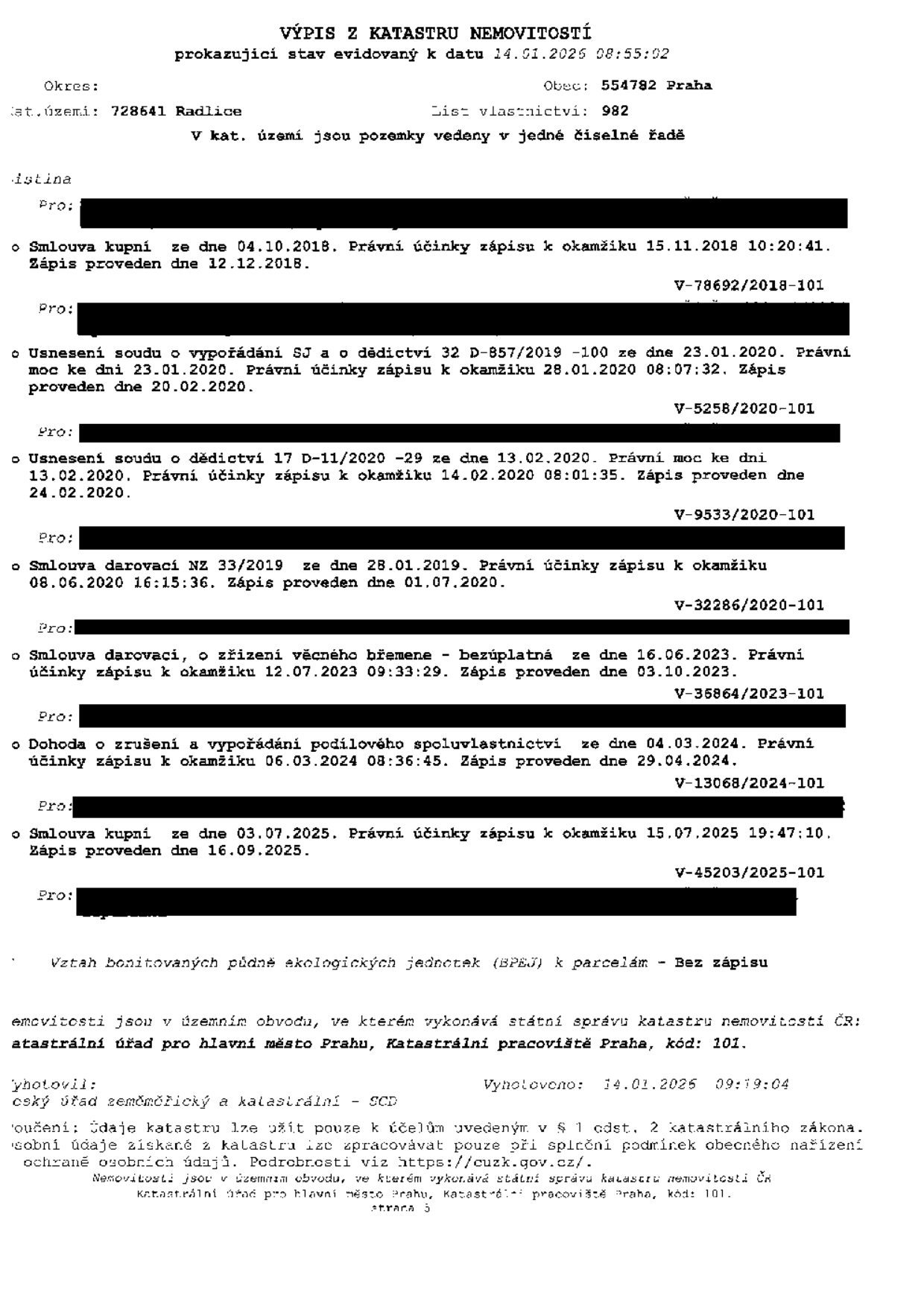 Výpis z katastru nemovitostí, stav k 14.01.2026, okres Praha, obec 554782 Praha, katastrální území 728641 Radlice, list vlastnictví 982. Seznam zápisů: 1. Smlouva kupní ze dne 04.10.2018 (právní účinky 15.11.2018, zápis 12.12.2018, V-78692/2018-101). 2. Usnesení soudu o vypořádání SJ a o dědictví 32 D-857/2019-100 ze dne 23.01.2020 (právní účinky 28.01.2020, zápis 20.02.2020, V-5258/2020-101). 3. Usnesení soudu o dědictví 17 D-11/2020-29 ze dne 13.02.2020 (právní účinky 14.02.2020, zápis 24.02.2020, V-9533/2020-101). 4. Smlouva darovací NZ 33/2019 ze dne 28.01.2019 (právní účinky 08.06.2020, zápis 01.07.2020, V-32286/2020-101). 5. Smlouva darovací, o zřízení věcného břemene - bezúplatná ze dne 16.06.2023 (právní účinky 12.07.2023, zápis 03.10.2023, V-35864/2023-101). 6. Dohoda o zrušení a vypořádání podílového spoluvlastnictví ze dne 04.03.2024 (právní účinky 06.03.2024, zápis 29.04.2024, V-13068/2024-101). 7. Smlouva kupní ze dne 03.07.2025 (právní účinky 15.07.2025, zápis 16.09.2025, V-45203/2025-101). Vztah bonitovaných půdně ekologických jednotek (BPEJ) k parcelám - Bez zápisu. Vyhotoveno: 14.01.2026 09:19:04, Katastrální úřad pro hlavní město Prahu, Katastrální pracoviště Praha, kód: 101.