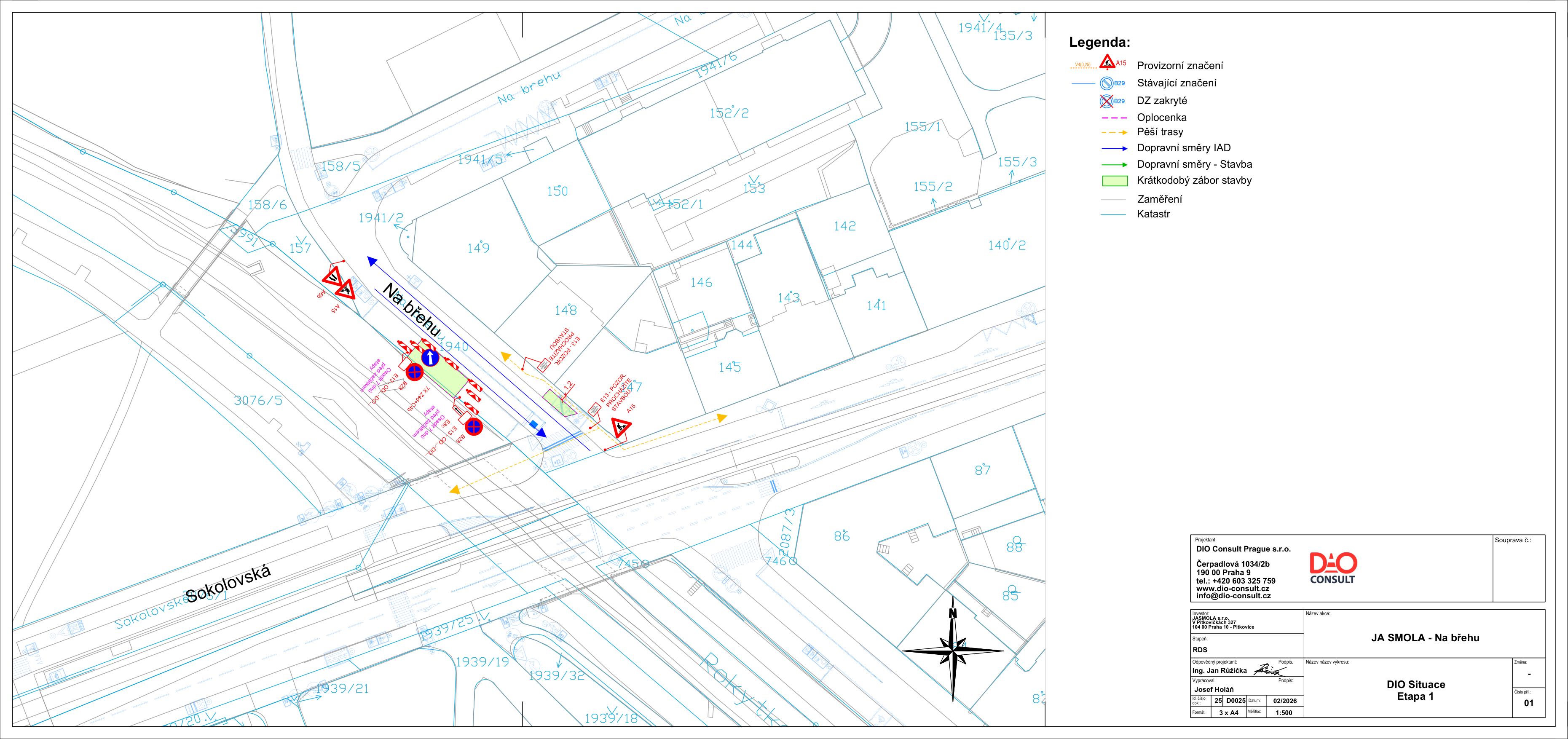 Situační nákres dopravního značení (DIO) pro stavbu v ulici Na břehu v Praze.