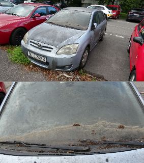 Fotografie opuštěného a silně znečištěného šedého osobního automobilu značky Toyota (model Corolla/Avensis) stojícího na parkovišti. Na přední registrační znač…