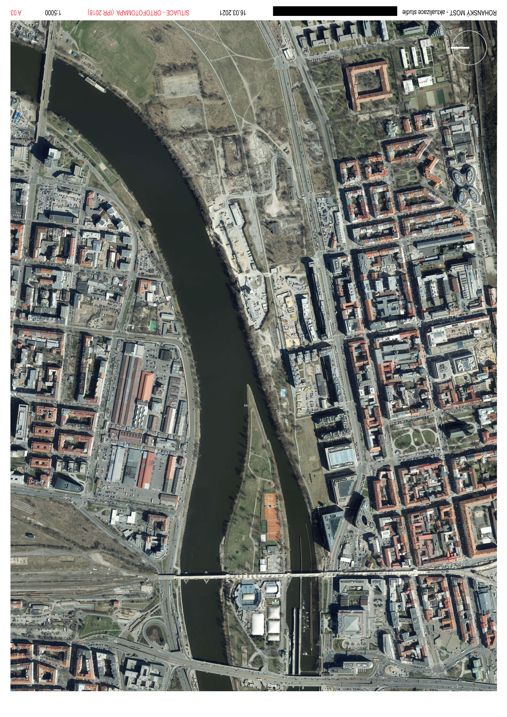 Ortofoto mapa území v Praze (oblast Rohanského ostrova a Karlína), v pravém okraji text: 'ROHANSKÝ MOST - aktualizace studie', '16.03.2021', 'SITUACE - ORTOFOTOMAPA (IPR 2018)', '1:5000', 'A 03'.