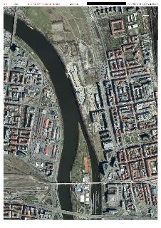 Ortofoto mapa území v Praze (oblast Rohanského ostrova a Karlína), v pravém okraji text: 'ROHANSKÝ MOST - aktualizace studie', '16.03.2021', 'SITUACE - ORTOFOT…