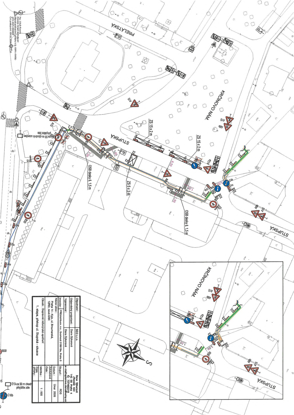Situační nákres dopravního opatření pro stavbu v ulici Stupská.