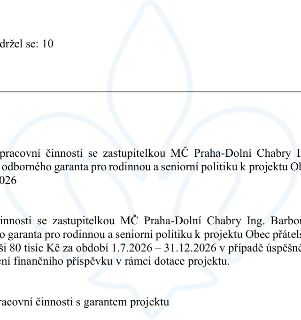 Výňatek z dokumentu týkající se pracovní činnosti zastupitelky MČ Praha-Dolní Chabry Ing. Barbory (příjmení není celé čitelné) jako odborného garanta pro rodin…