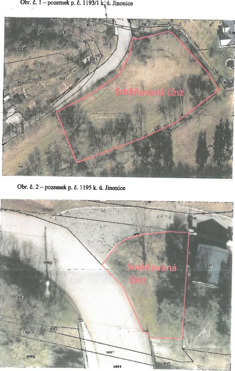 Ortofoto snímky parcel č. 1193/1 a 1193/5 v k.ú. Jinonice se zvýrazněnými směnlovanými částmi pozemků.