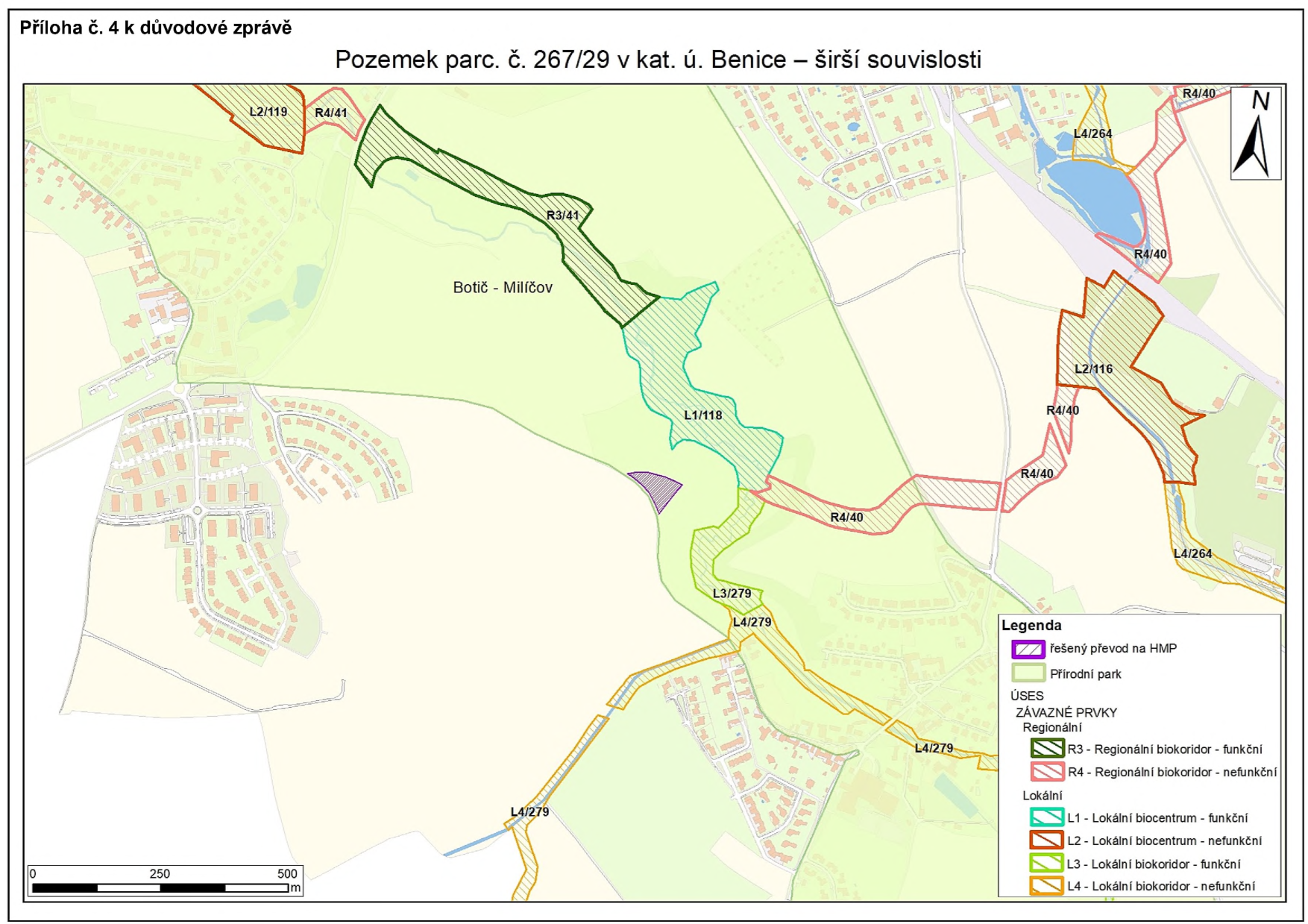 Mapa 'Příloha č. 4 k důvodové zprávě' zobrazující 'Pozemek parc. č. 267/29 v kat. ú. Benice – širší souvislosti'. Mapa obsahuje legendu s následujícími prvky: 'řešený převod na HMP' (fialová barva), 'Přírodní park' (světle zelená barva). ÚSES ZÁVAZNÉ PRVKY: Regionální: 'R3 - Regionální biokoridor - funkční' (tmavě zelená), 'R4 - Regionální biokoridor - nefunkční' (červená). Lokální: 'L1 - Lokální biocentrum - funkční' (světle zelená šrafovaná), 'L2 - Lokální biocentrum - nefunkční' (hnědá), 'L3 - Lokální biokoridor - funkční' (žlutozelená), 'L4 - Lokální biokoridor - nefunkční' (oranžová). V mapě jsou vyznačeny lokality jako 'Botič - Milíčov' a jednotlivé úseky biokoridorů a biocenter s označením (např. L1/118, R3/41, L4/279, R4/40, L2/119, L4/264, L2/116). Součástí je měřítko (0, 250, 500 m) a směrová růžice.
