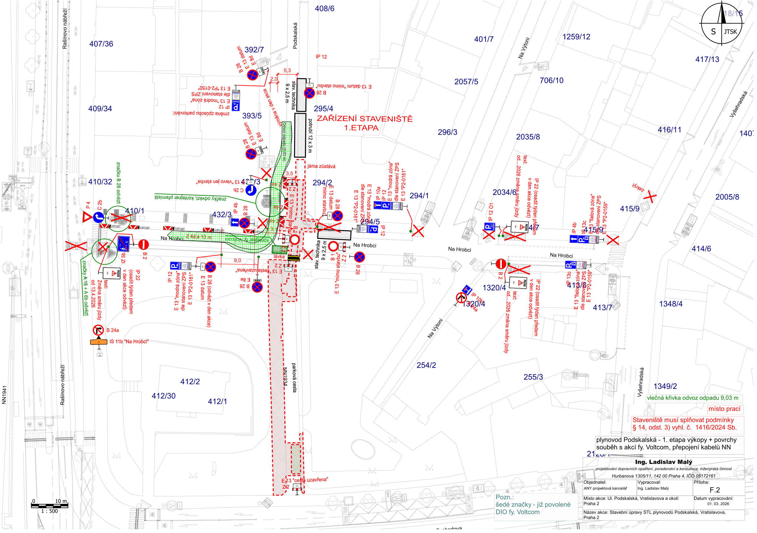 Situační nákres dopravního značení pro zařízení staveniště při rekonstrukci plynovodu v ulici Podskalská.