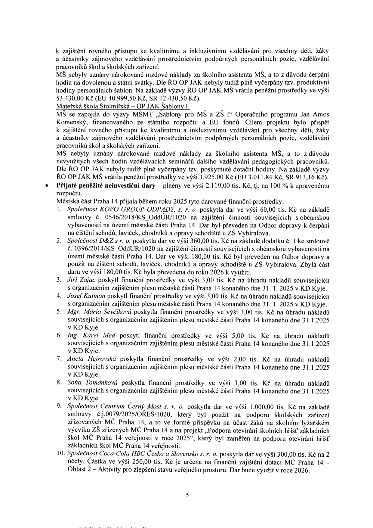 Strana 5 úředního dokumentu obsahující informace o hospodaření s dotacemi a dary. Obsah: 1. Informace o nevyčerpaných mzdových nákladech na školní asistenty v rámci výzvy OP JAK (Mateřská škola Štolmířská). 2. Přehled přijatých peněžitých neinvestičních darů městskou částí Praha 14 v roce 2025: - KOVO GROUP ODPADY, s. r. o.: 60 000 Kč (čištění schodů a chodníků). - D&Z s. r. o.: 360 000 Kč (z toho 180 000 Kč využito, zbytek převeden do roku 2026). - Dary fyzických osob na ples MČ Praha 14 (31. 1. 2025): Jiří Zajac (3 000 Kč), Josef Kutmon (3 000 Kč), Mgr. Mária Ševčíková (3 000 Kč), Ing. Karel Med (5 000 Kč), Aneta Hejrovská (2 000 Kč), Soňa Tománková (3 000 Kč). - Centrum Černý Most s. r. o.: 1 000 000 Kč (podpora školních zařízení, lyžařský výcvik, otevírání školních hřišť). - Coca-Cola HBC Česko a Slovensko s. r. o.: 300 000 Kč (z toho 250 000 Kč na dotace MČ Praha 14 – Oblast 2, zbytek využit v roce 2026).
