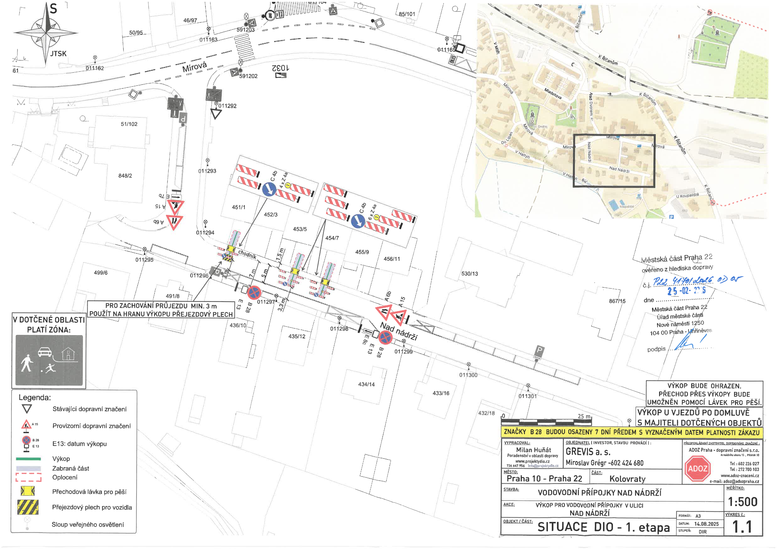Situační nákres dopravního značení a plán výkopových prací pro vodovodní přípojku v ulici Nad Nádražím.