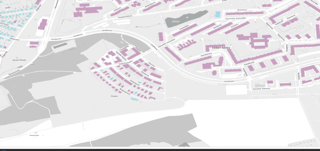 Situační mapa oblasti Černý Most v Praze. Zobrazené ulice a lokality: Broumarská, Vajgarská, Sklenská, Spodní Čihadla, Ocelkova, Vlčkova, Pospíchalova, Bojčenkova, Aloisov, Anderleho, Generála Janouška, Šromova, Smikova, Jíchova, Dygrýnova, Šebelova, Doležalova, Vašátkova, Arnošta Valenty, Marešova, Rudolfa Holeky, Truhlářova, Půdova, Dobrovolného, Hrázková, Cukrova, Hubáčkova, Bergmanova, Čihadla.