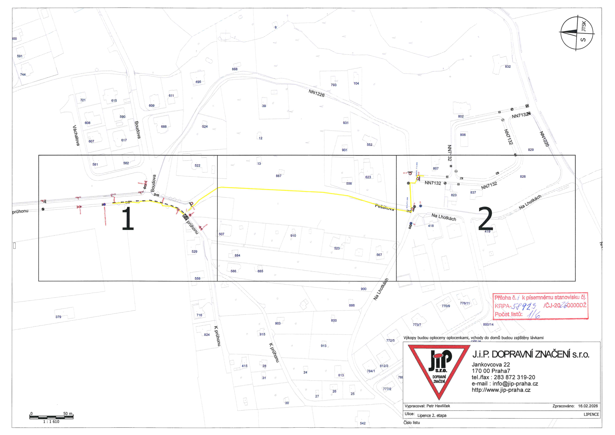 Koordinační situační výkres dopravního značení a výkopových prací v lokalitě Lipence.
