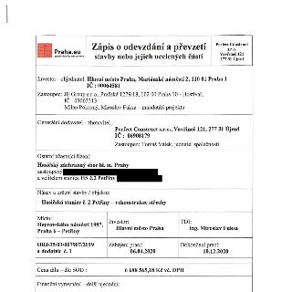 Zápis o odevzdání a převzetí stavby nebo jejich ucelených částí. Investor - objednatel: Hlavní město Praha, Mariánské náměstí 2, 110 01 Praha 1, IČ: 00064581.…