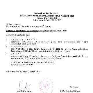 Dokument: Městská část Praha 21, ZMČ18. pravidelné jednání Zastupitelstva městské části konané dne 16.03.2026, číslo usnesení ZMČ18/0218/2026. 13. bod programu…