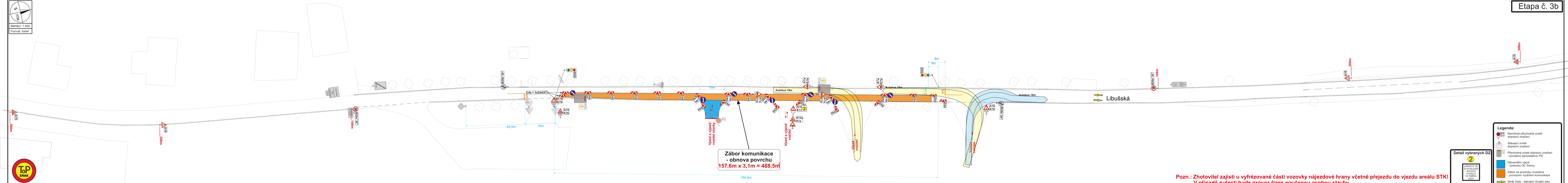Plán dopravního značení a uzavírky pro etapu č. 3b. Obsahuje situační nákres komunikace s vyznačeným záborem (oranžová a modrá plocha). Texty v plánu: 'Etapa č. 3b', 'Zábor komunikace + obnova povrchu 157,6m x 3,1m = 488,5m2', 'Libušská'. Poznámka: 'Zhotovitel zajistí u vyfrézované části vozovky nájezdové hrany přejezdu do vjezdu areálu STK! V případě nutnosti bude osazena šikmá nájezdová plocha'. Legenda obsahuje značky pro dopravní značení, zábor a obnovu povrchu.